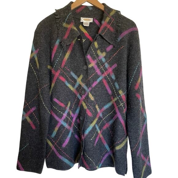 Vintage Talbots Boiled Wool Grey & Rainbow Disco Button Up Fringe Cardigan Med - Picture 2 of 9